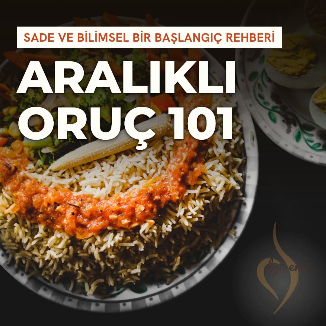 Pirinç ve sebze tabağı üzerinde "Aralıklı Oruç 101" başlıklı kapak görseli