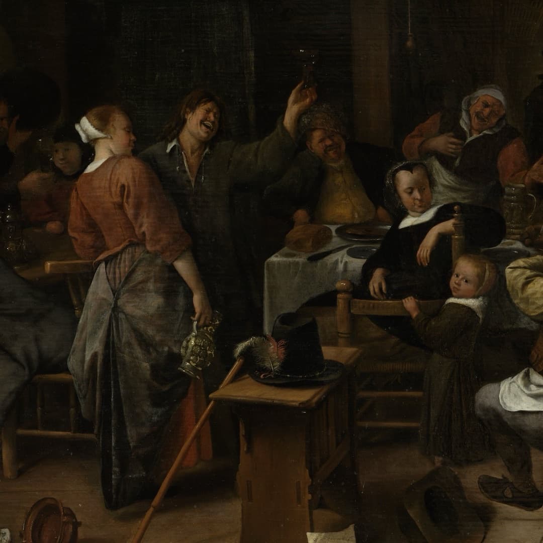 Jan Steen'in 17. yüzyıldan bir tavernada kadeh kaldıran, kutlama yapan insanları betimlediği yağlıboya tablosu